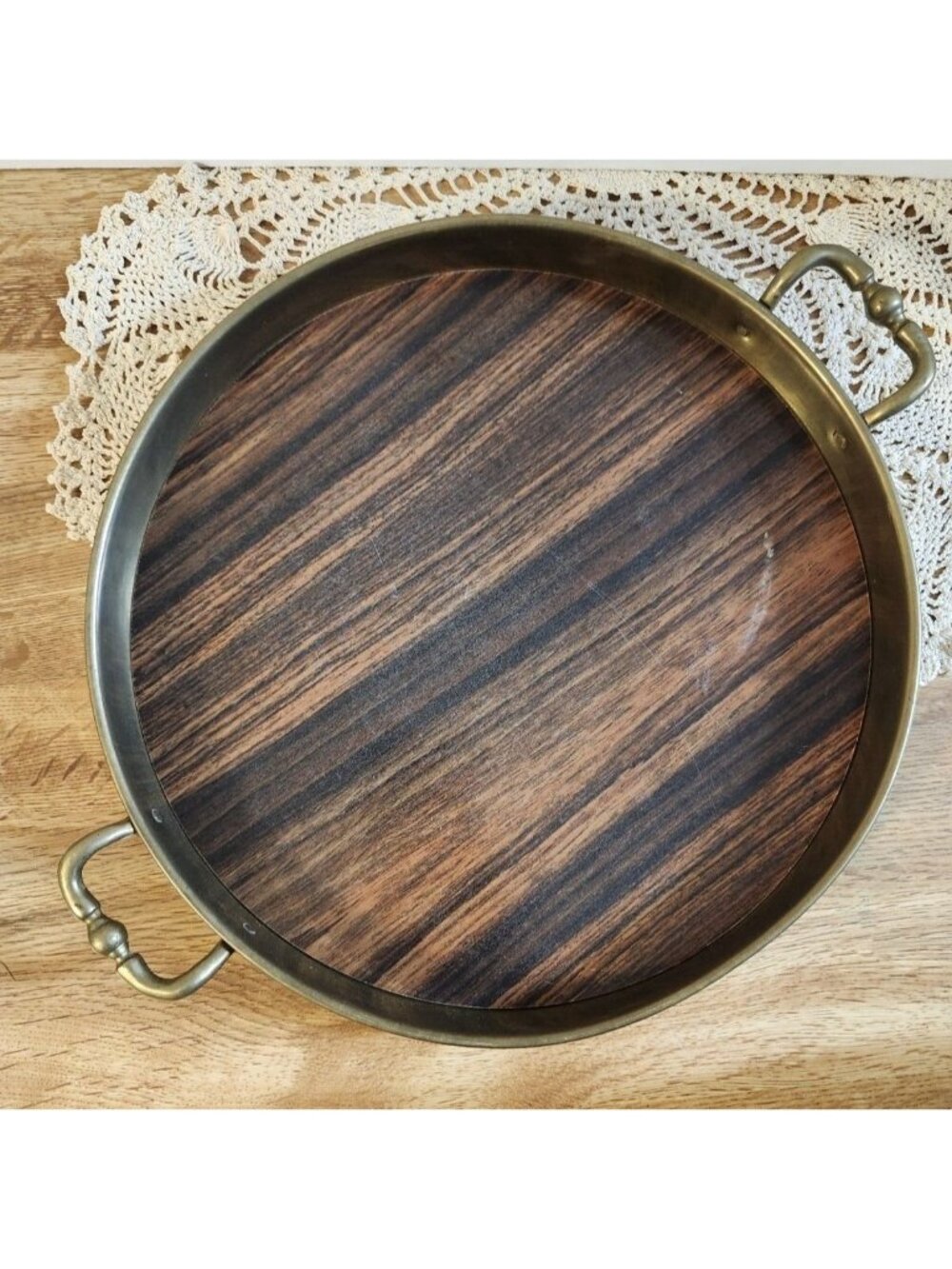 Brass Handle Serving Tray Faux Wood Laminate 11" Round MCM